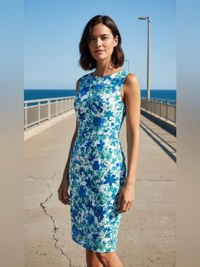 Calvin Klein Fresh, Polished, & Elegant Blue & Green Floral Sheath Midi Dress